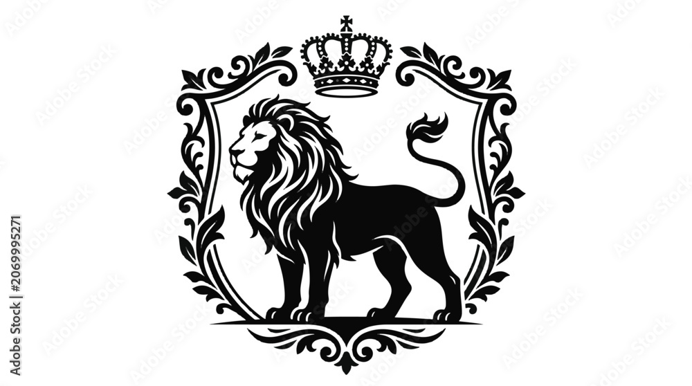 Fototapeta premium Majestic lion emblem with ornate crown and decorative flourishes symbolizing power and royalty