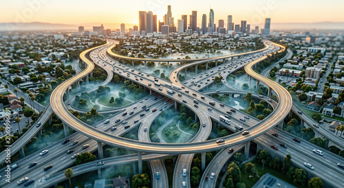 Wide angle aerial view of massive highway intersection leading to city center at dawn.
