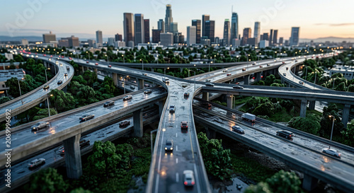 Aerial view of multiple elevated expressways with traffic moving towards downtown skyscrapers.