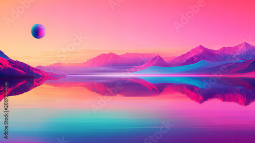 Surreal fantasy landscape with vibrant color, reflective water and distant mountain under cosmic sky. Dreamlike digital scene with futuristic atmosphere and neon aesthetic.