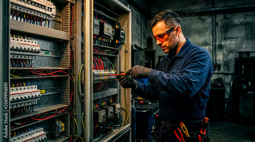 Professional electrician inspecting and maintaining an electrical control panel in an industrial setting.