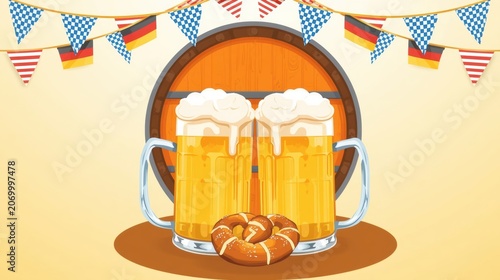 Two cold glasses of beer with a salty pretzel and festive bunting for oktoberfest