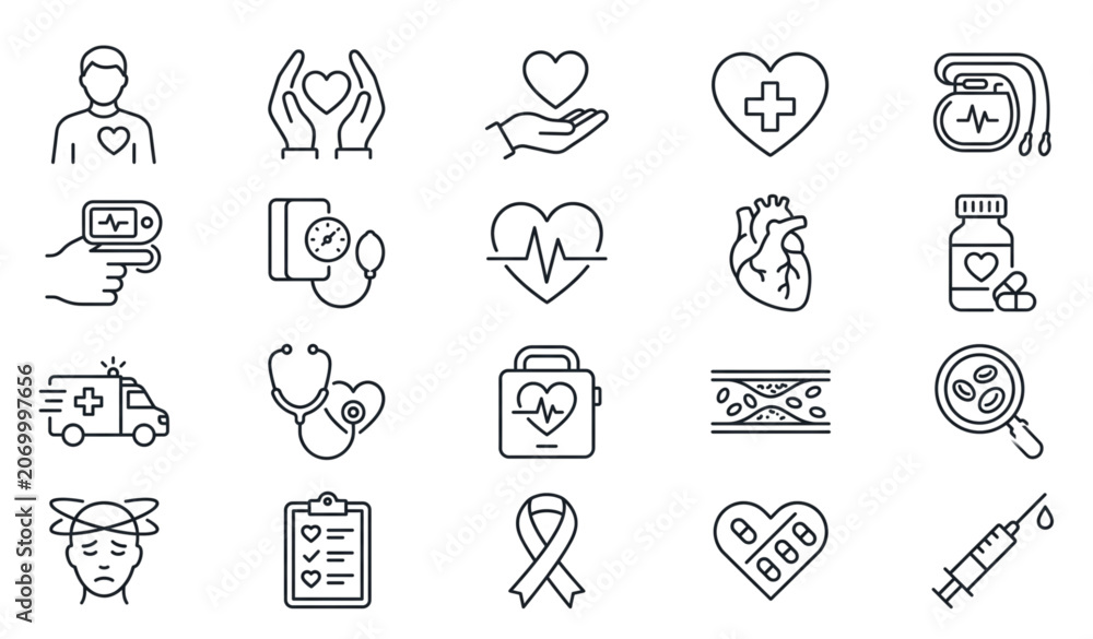 Fototapeta premium Cardiology and heart health medical outline icons set isolated on white background thin line stroke vector illustration hypertension blood pressure design