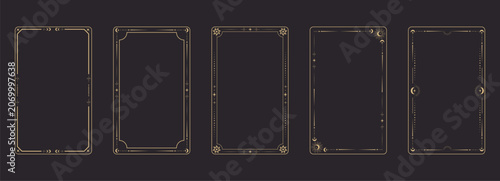 Celestial gold frames, boho dividers. Esoteric deco border. Elegant thin lines, moon crescent, sun, stars decorations. Tarot card template, occult design set