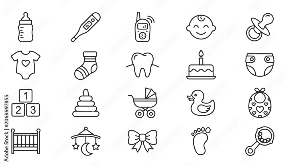 Fototapeta premium Baby care and infant essentials outline icons set isolated on white background thin line stroke vector illustration newborn nursery toys design