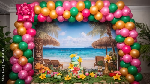 Tropical luau party decoration with colorful balloon arch, exotic beach backdrop with tiki mask, festive summer birthday celebration setup