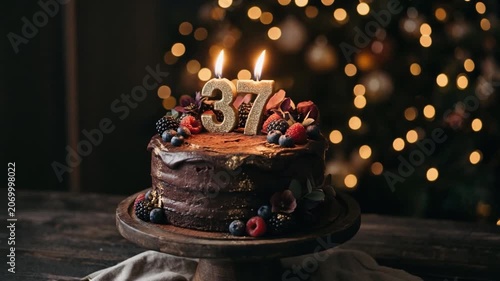 Chocolate birthday cake with glowing number thirty-seven candle, berries, and festive lights creating an elegant celebration atmosphere.