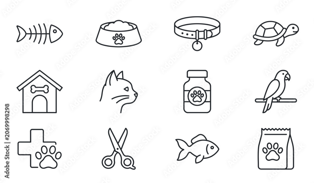 Fototapeta premium ​Pet shop and veterinary clinic outline icons set isolated on white background thin line stroke vector illustration domestic animal adoption design