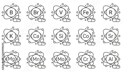 Photography Essential minerals and multivitamin chemical elements outline icons set isolated