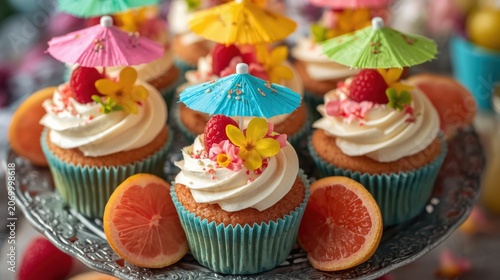Colorful summer cupcakes with fruit topping and small paper umbrellas on a tray