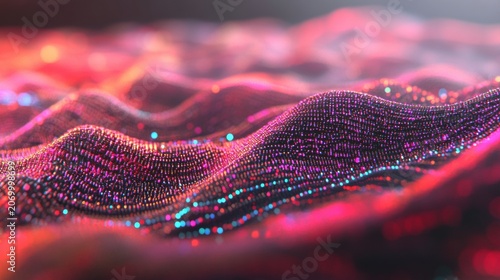 Vibrant wave patterns undulate with shades of pink and blue, creating a mesmerizing digital landscape filled with light and texture