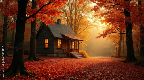 Cozy small cabin in the woods with glowing warm lights during a beautiful autumn