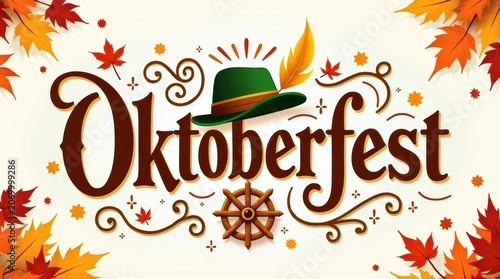 Oktoberfest celebration sign with traditional green hat and colorful autumn leaves