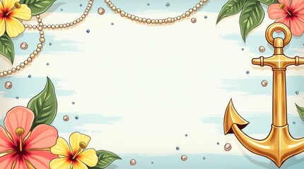 Golden anchor with tropical hibiscus flowers and pearl beads on a decorative frame