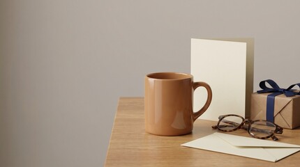 Father's Day or birthday mockup scene with a brown mug, envelope, eyeglasses, and wrapped gift.