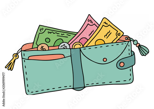 A teal purse overflowing with colorful banknotes and coins on a clean surface
