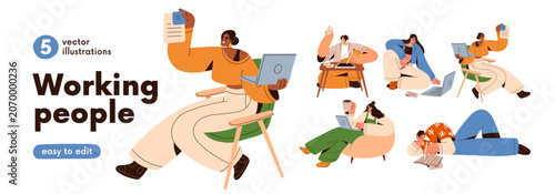 Working people, freelancers set. Creative men and women think, do freelance w...