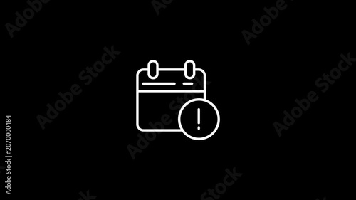 White line animation of a calendar icon with an exclamation mark warning symbol on a black background.