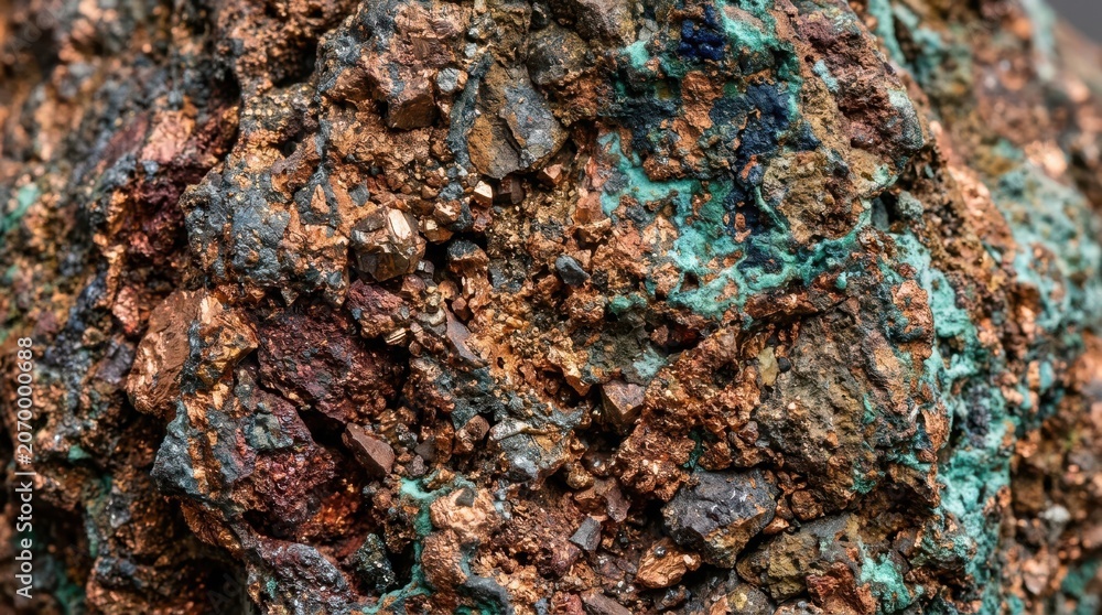 Naklejka premium Raw Copper Ore Mineral Specimen with Chalcopyrite and Malachite Deposits Close Up Macro Texture for Geological Study and Industrial Mining Backgrounds
