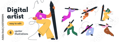 Digital artist with stylus, set. Graphic designer, illustrator holding pen to...