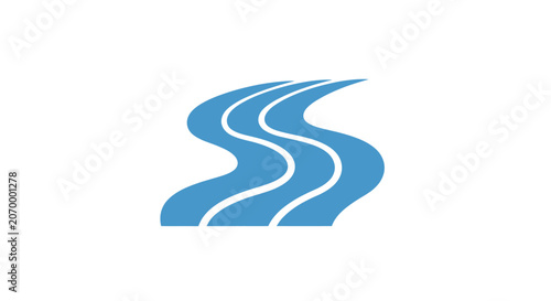 Abstract flowing blue river symbol on white background representing water course and navigation
