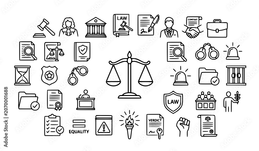 Fototapeta premium law, legal, justice, court, lawyer, attorney, scales, judge, icons, judicial, courthouse, rights, contract, compliance, protection, legislation, evidence, jury, document, litigation, lawfirm, governan