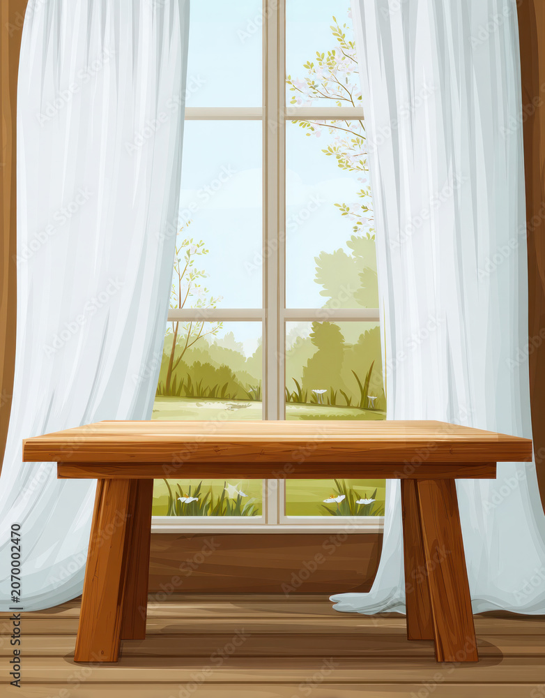 Fototapeta premium A wooden table is placed in front of a window with white curtains, showing an outdoor green view outside.