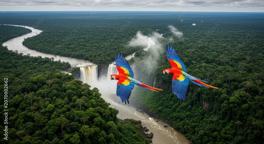 Fototapeta premium Two Scarlet Macaws Flying Over a Majestic Waterfall in the Heart of a