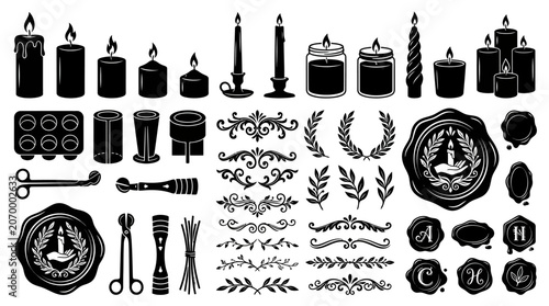 Collection of black candle and wax icons.