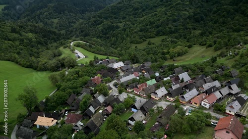 Drone Footage of Historic Vlkolínec Village with Mountains and Green Countryside