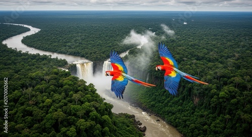 Two Scarlet Macaws Flying Over a Majestic Waterfall in the Heart of a