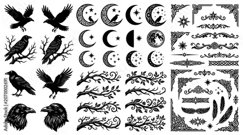 Black silhouettes of birds and moons.
