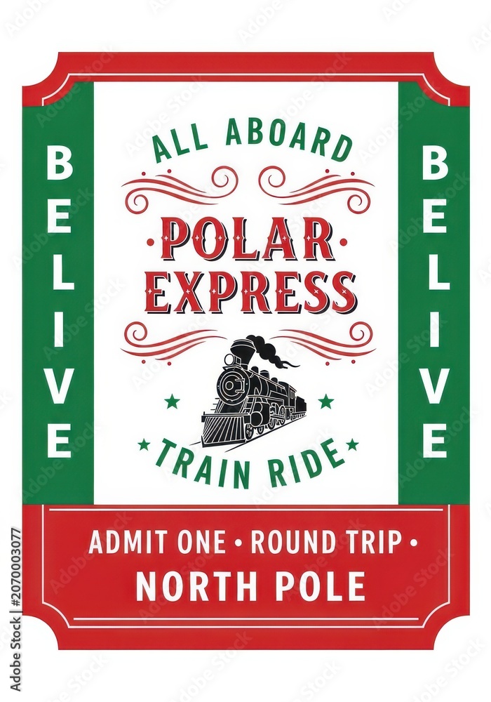 Fototapeta premium Vintage Christmas Polar Express Train Ride Ticket Illustration with Re