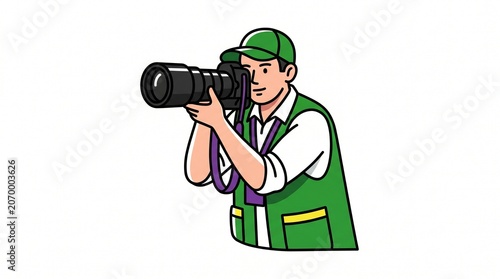 Sports photographer with telephoto camera capturing tournament action, ideal for media coverage, press graphics, and sports event illustrations. 
