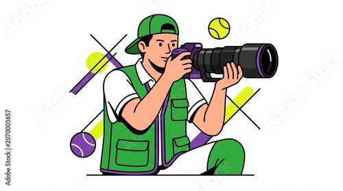 Sports photographer with telephoto camera capturing tournament action, ideal for media coverage, press graphics, and sports event illustrations. 
