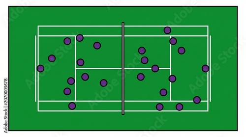 Tennis shot placement court diagram with tactical markers, ideal for performance analysis, coaching graphics, match reports, and sports infographics. 
