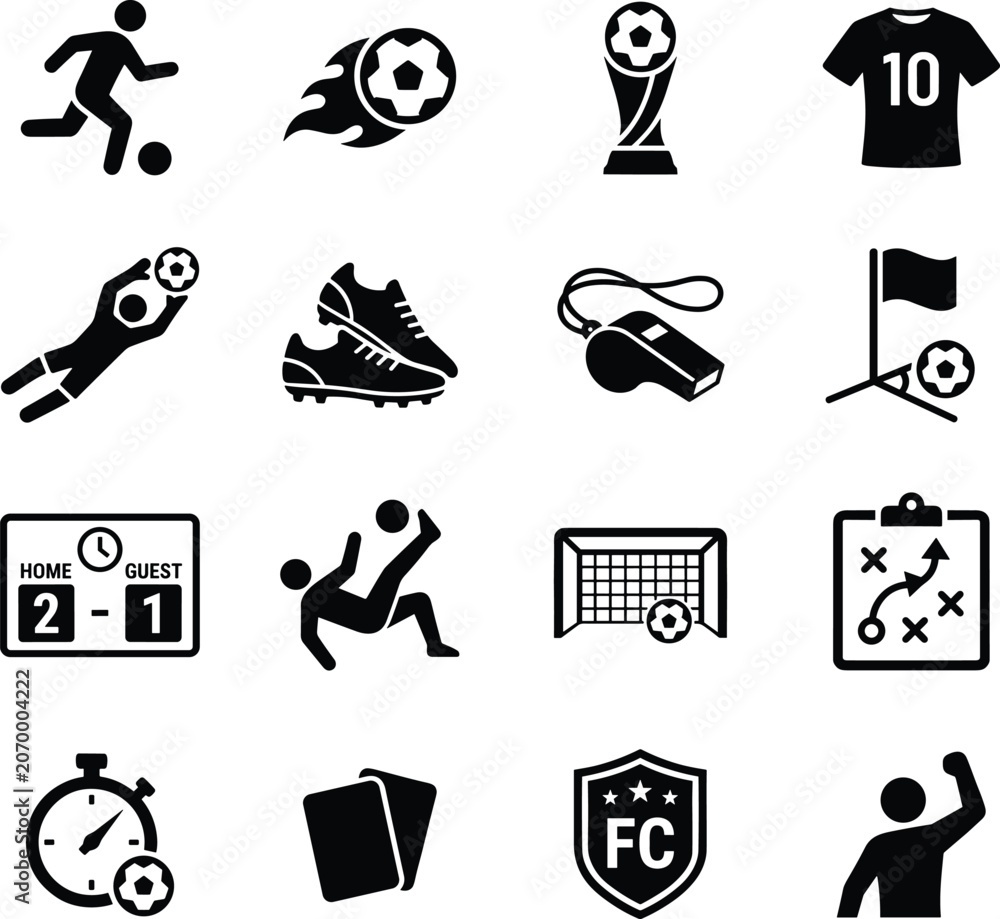 Obraz premium Soccer football glyph icon set featuring jersey players tactics board stadium scoreboard and tournament award trophy silhouettes