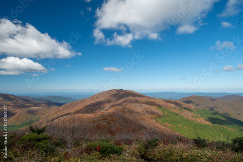 Panoramic mountain view with autumn colors