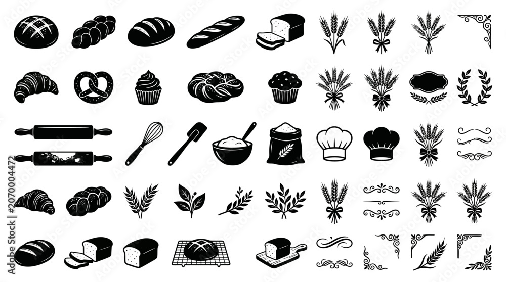 Fototapeta premium Baking icons and bread illustrations set.