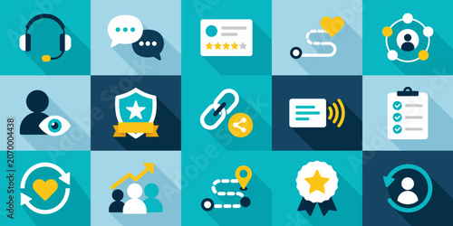 A collection of flat customer experience and CRM concept icons in a colorful grid, featuring support, feedback, loyalty, and business growth elements.