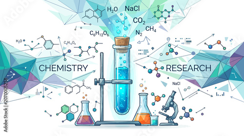 A scientific illustration showing laboratory equipment and chemical formulas
