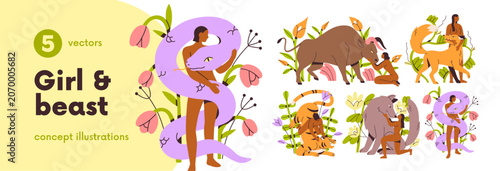 Animal and woman in wild nature set. Girl taming inner beast. Love and friend...