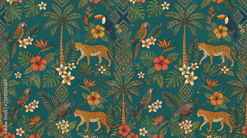A seamless pattern featuring tropical animals and exotic flowers in a lush jungle