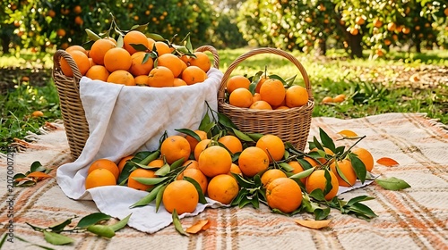 Freshly harvested oranges in wicker baskets on a picnic blanket in a sunny citrus orchard during harvest season