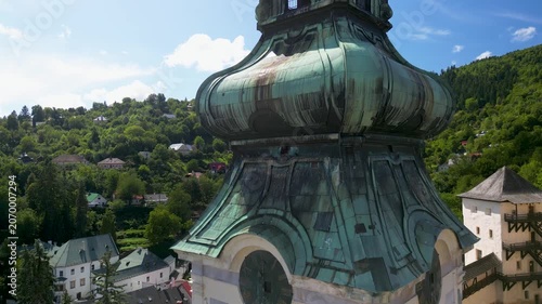Aerial Drone View of Old Castle and Historic Old Town in Banska Stiavnica