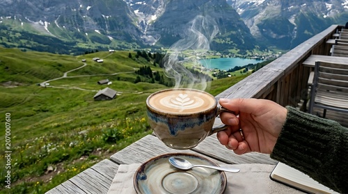 A steaming cup of coffee held by a hand overlooking a breathtaking swiss mountain landscape with a turquoise lake and alpine meadows in summer