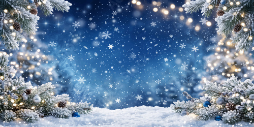 Blue Christmas Winter Background with Snowy Tree, Snowflakes and Cold Blue Holiday Celebration Design