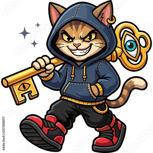 A cartoon cat character wearing a hoodie holds a large key and appears ready for action in a playful scene.