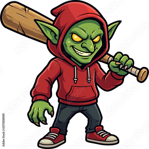 A green goblin character wearing a red hoodie holds a baseball bat.