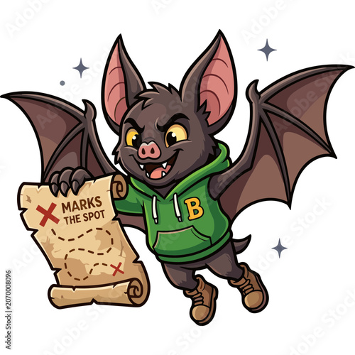 A cartoon bat character excitedly holds a treasure map in a whimsical scene.